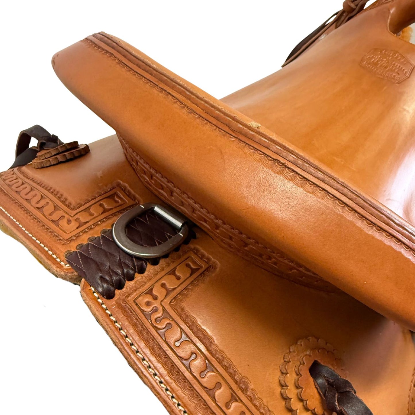 16" McCall McLite Wade Trail Saddle, Light Oil with  Carlos Border Tooling, Adjustable In-skirt Rigging