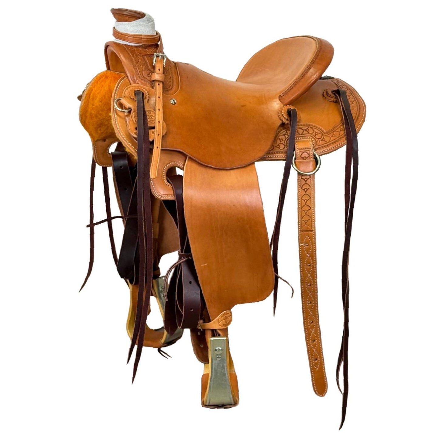 14" McCall McLite Wade Trail Saddle, Light Oil with Shell Border Tooling, Adjustable In-skirt Rigging