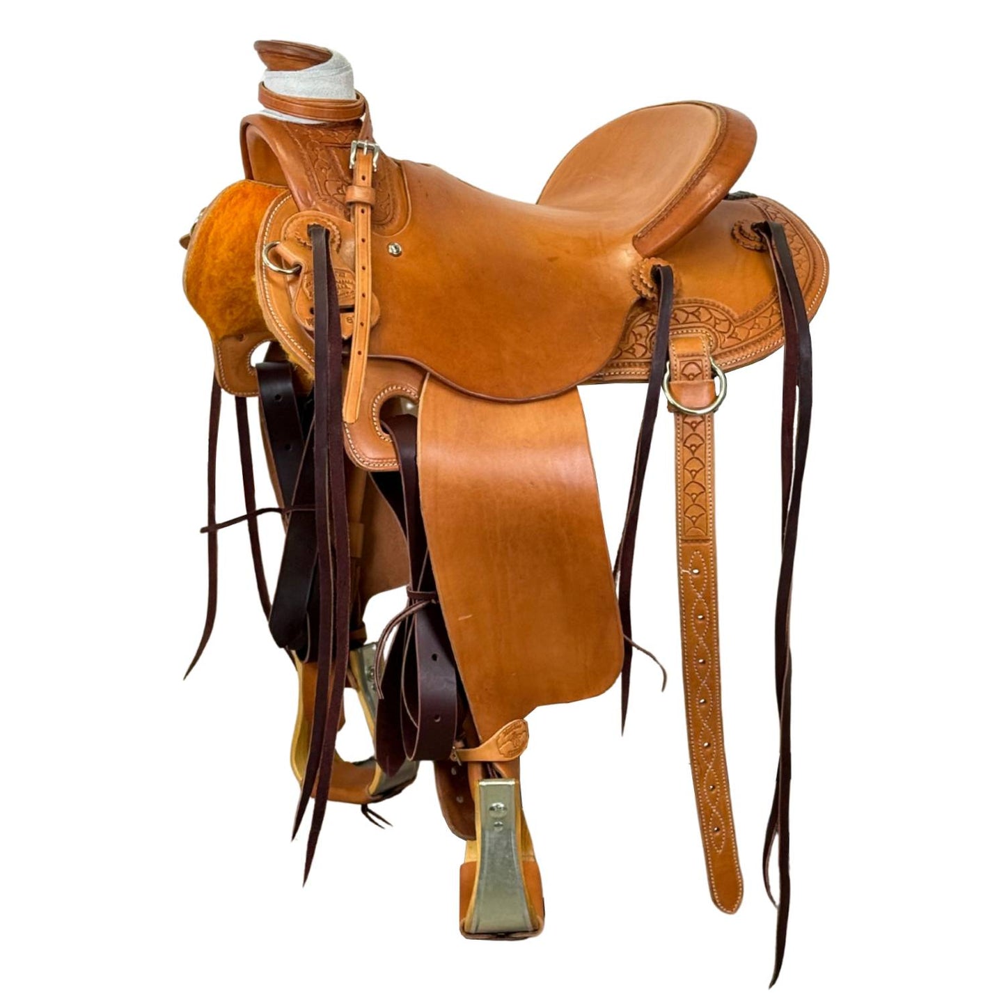 15" McCall McLite Wade Trail Saddle, Light Oil with Crazy Leg Border Tooling, Hamley Plate Rigging