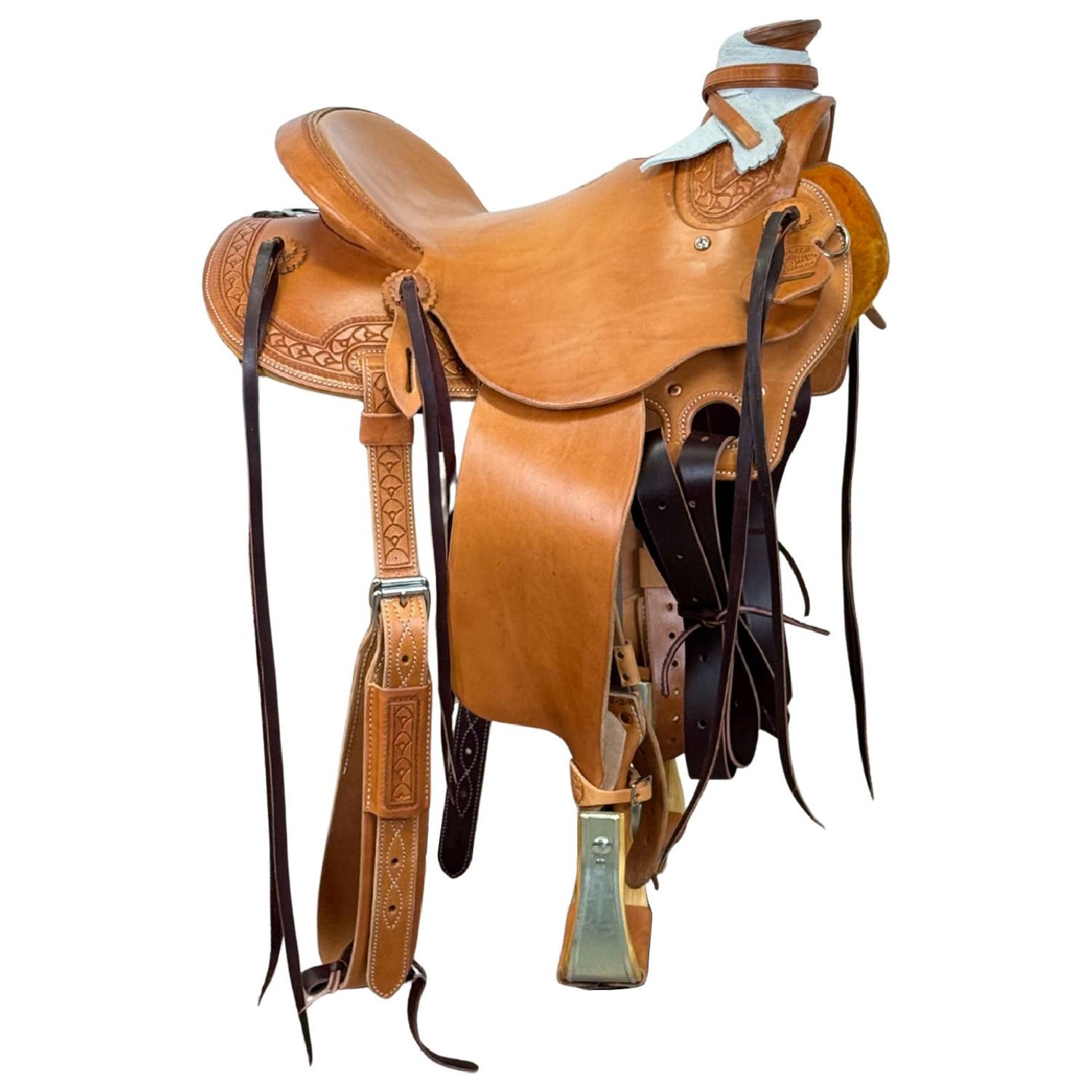 14" McCall McLite Wade Trail Saddle, Light Oil with Shell Border Tooling, Adjustable In-skirt Rigging