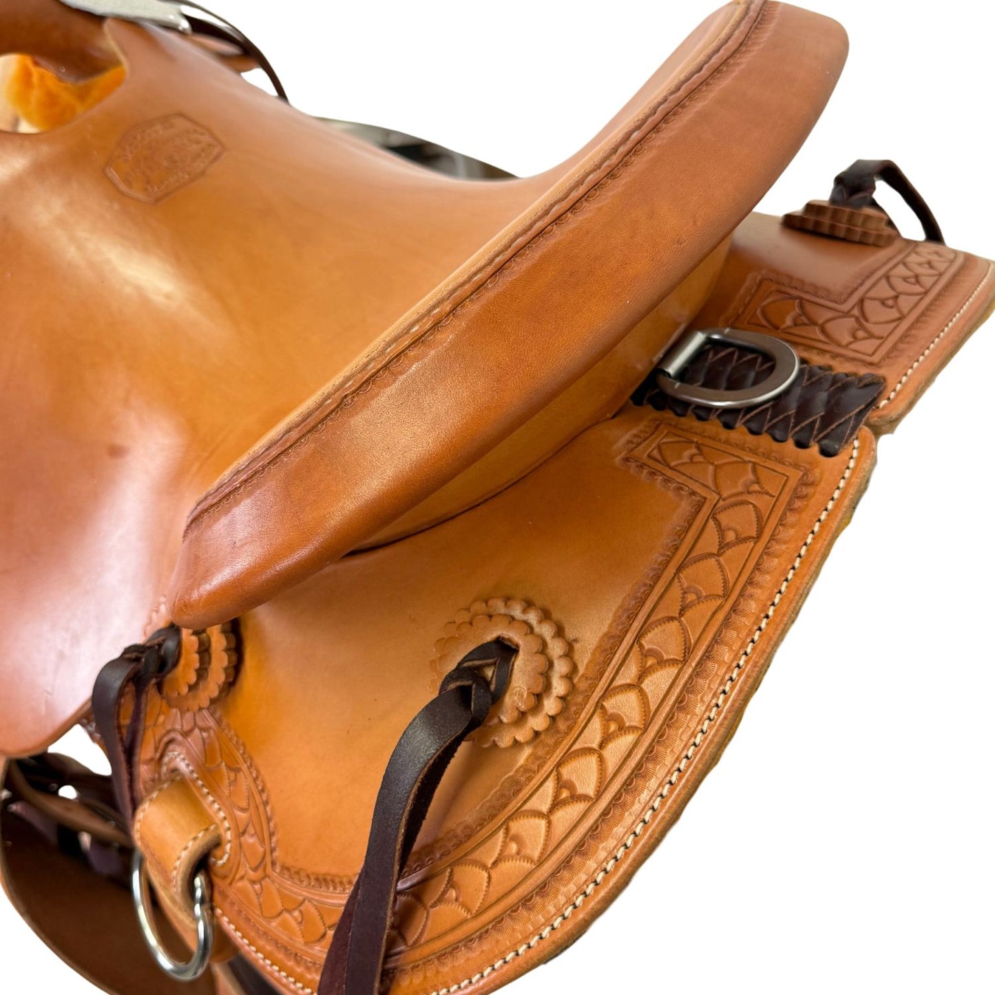 14" McCall McLite Wade Trail Saddle, Light Oil with Shell Border Tooling, Adjustable In-skirt Rigging