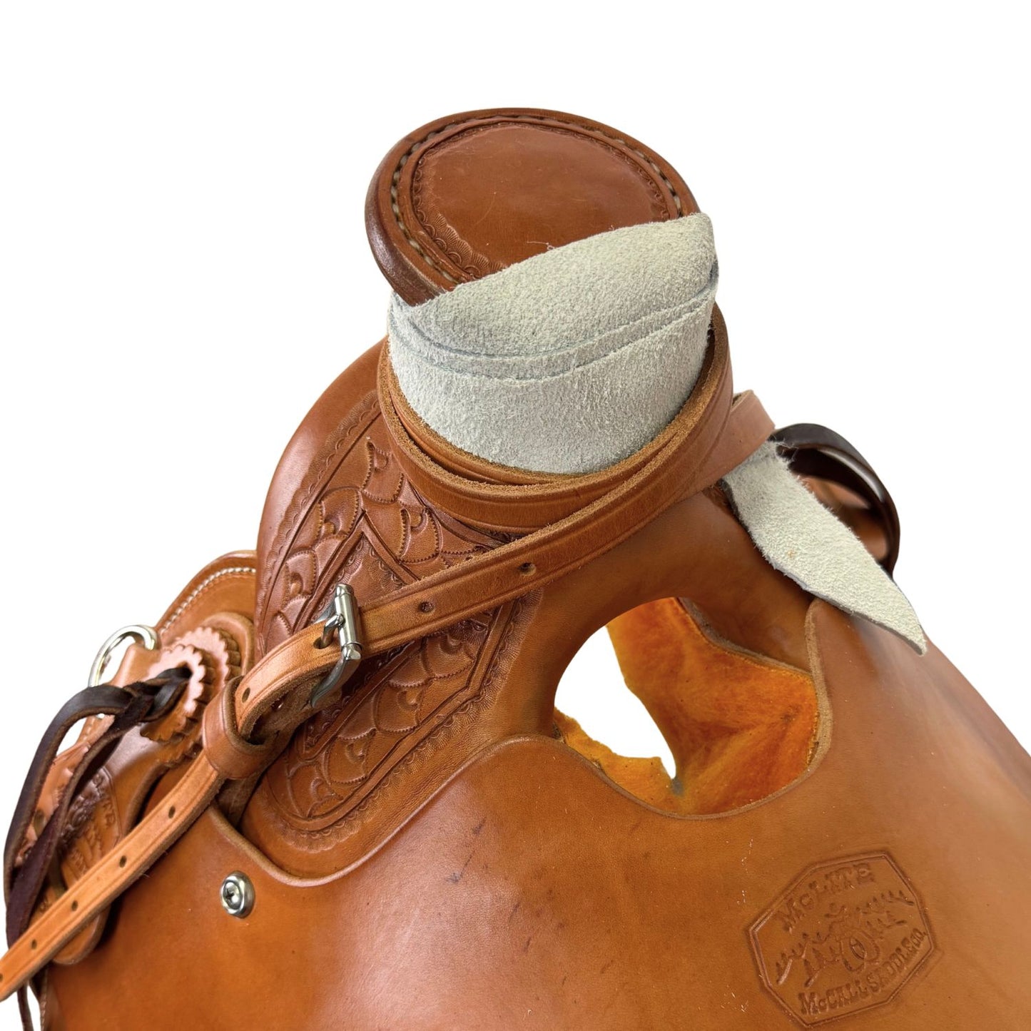 14" McCall McLite Wade Trail Saddle, Light Oil with Shell Border Tooling, Adjustable In-skirt Rigging