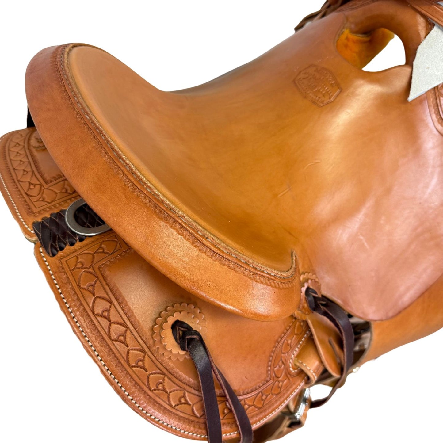 14" McCall McLite Wade Trail Saddle, Light Oil with Shell Border Tooling, Adjustable In-skirt Rigging