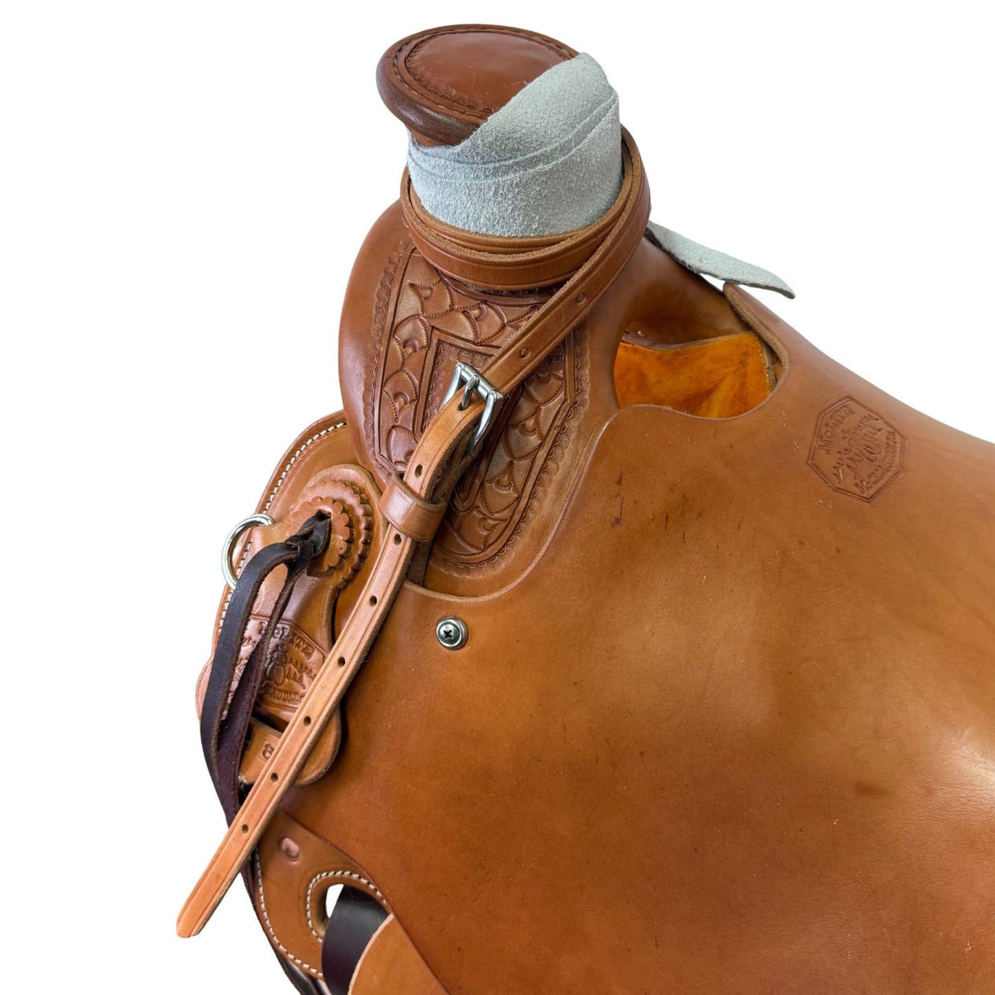 14" McCall McLite Wade Trail Saddle, Light Oil with Shell Border Tooling, Adjustable In-skirt Rigging