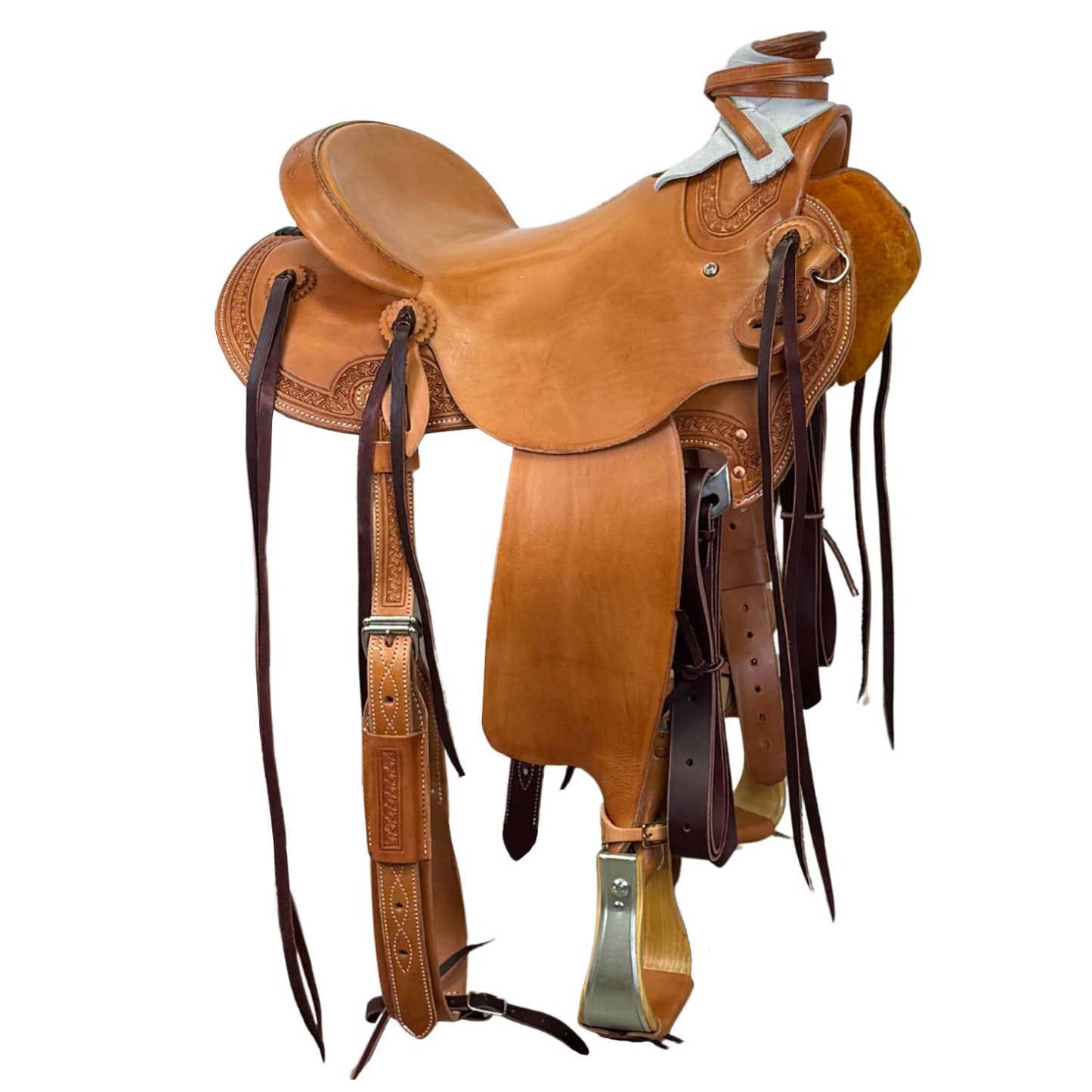 15" McCall McLite Wade Trail Saddle, Light Oil with Crazy Leg Border Tooling, Hamley Plate Rigging