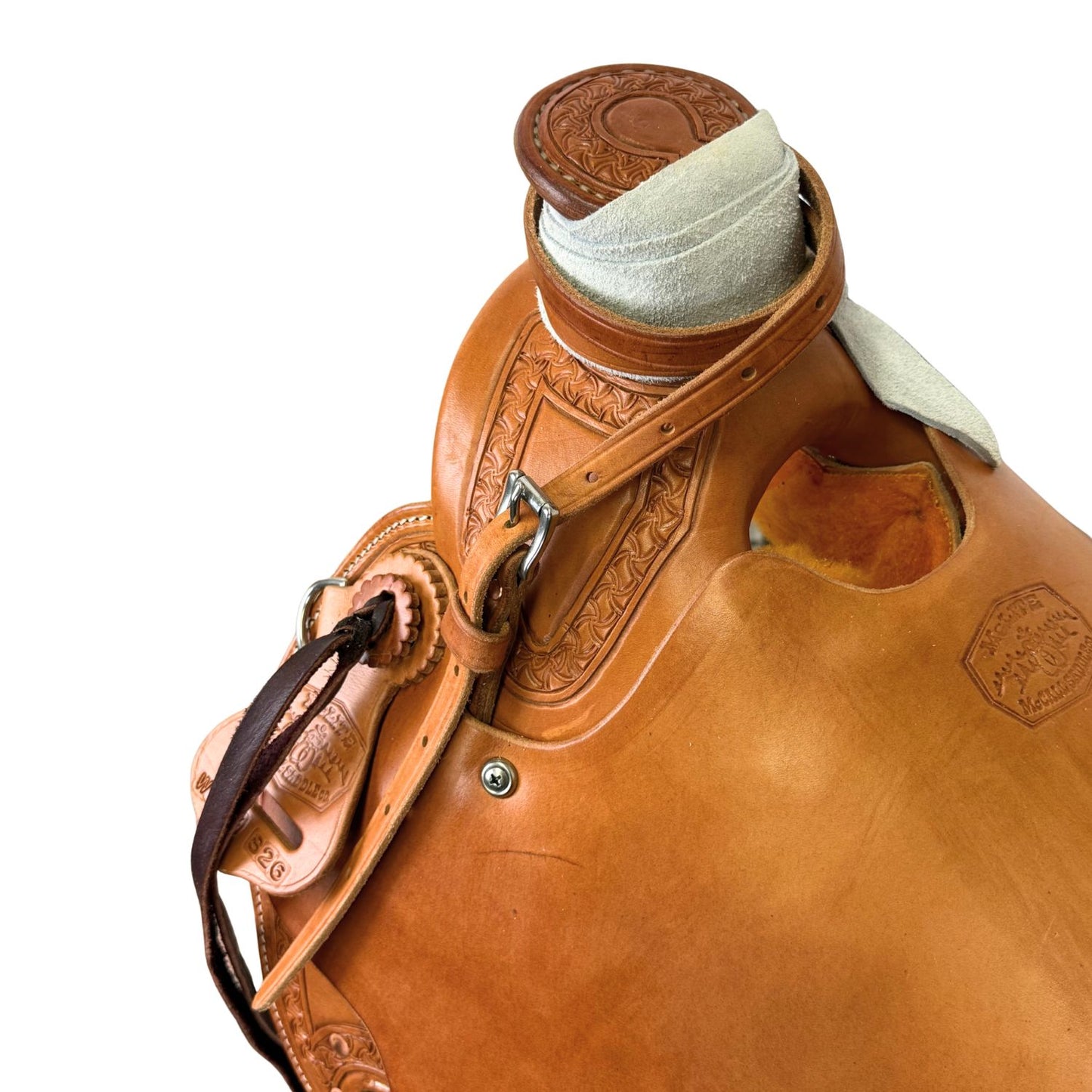 15" McCall McLite Wade Trail Saddle, Light Oil with Crazy Leg Border Tooling, Hamley Plate Rigging
