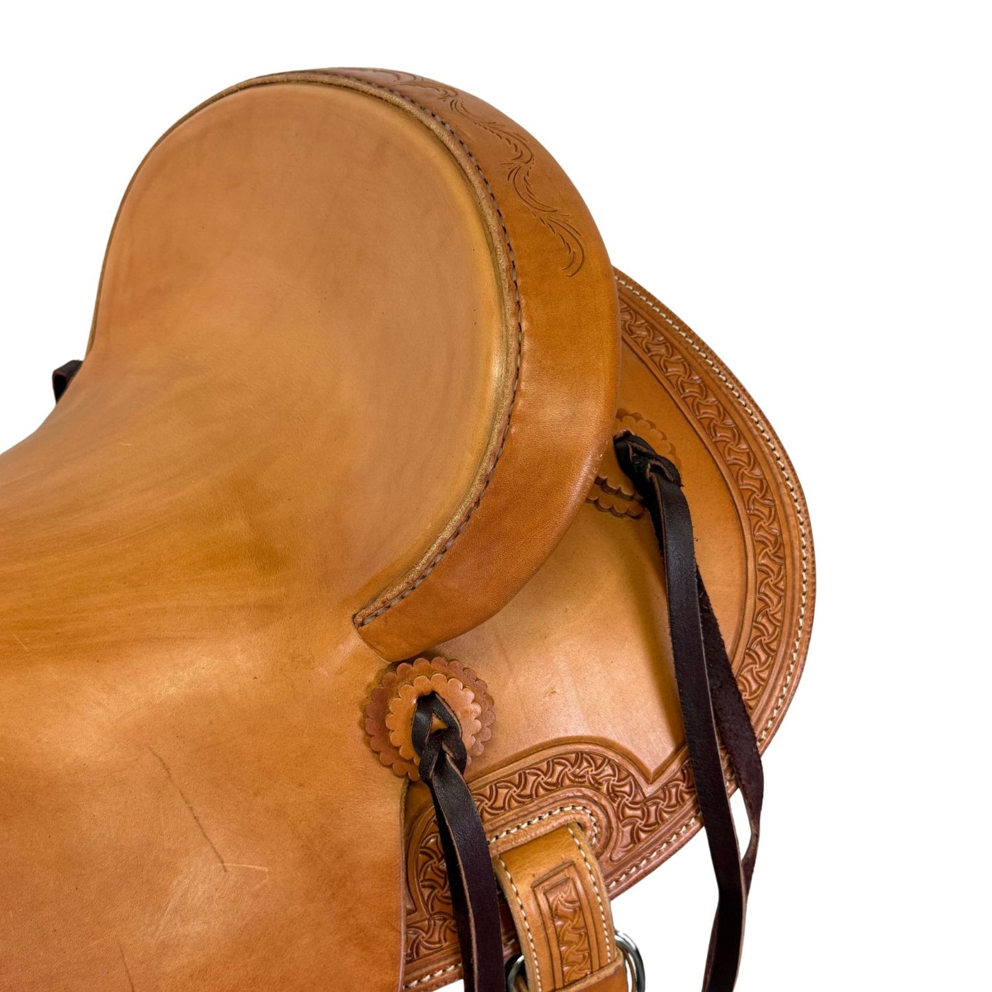 15" McCall McLite Wade Trail Saddle, Light Oil with Crazy Leg Border Tooling, Hamley Plate Rigging