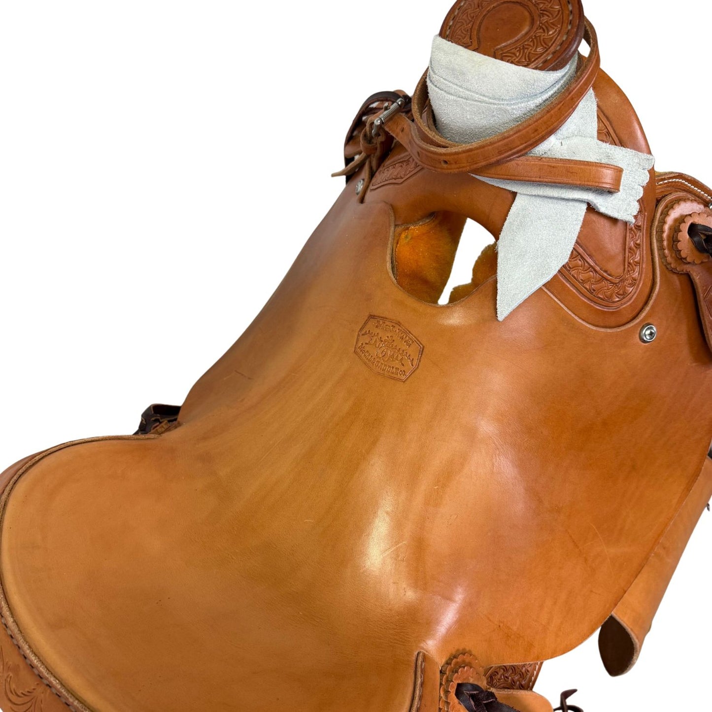 15" McCall McLite Wade Trail Saddle, Light Oil with Crazy Leg Border Tooling, Hamley Plate Rigging