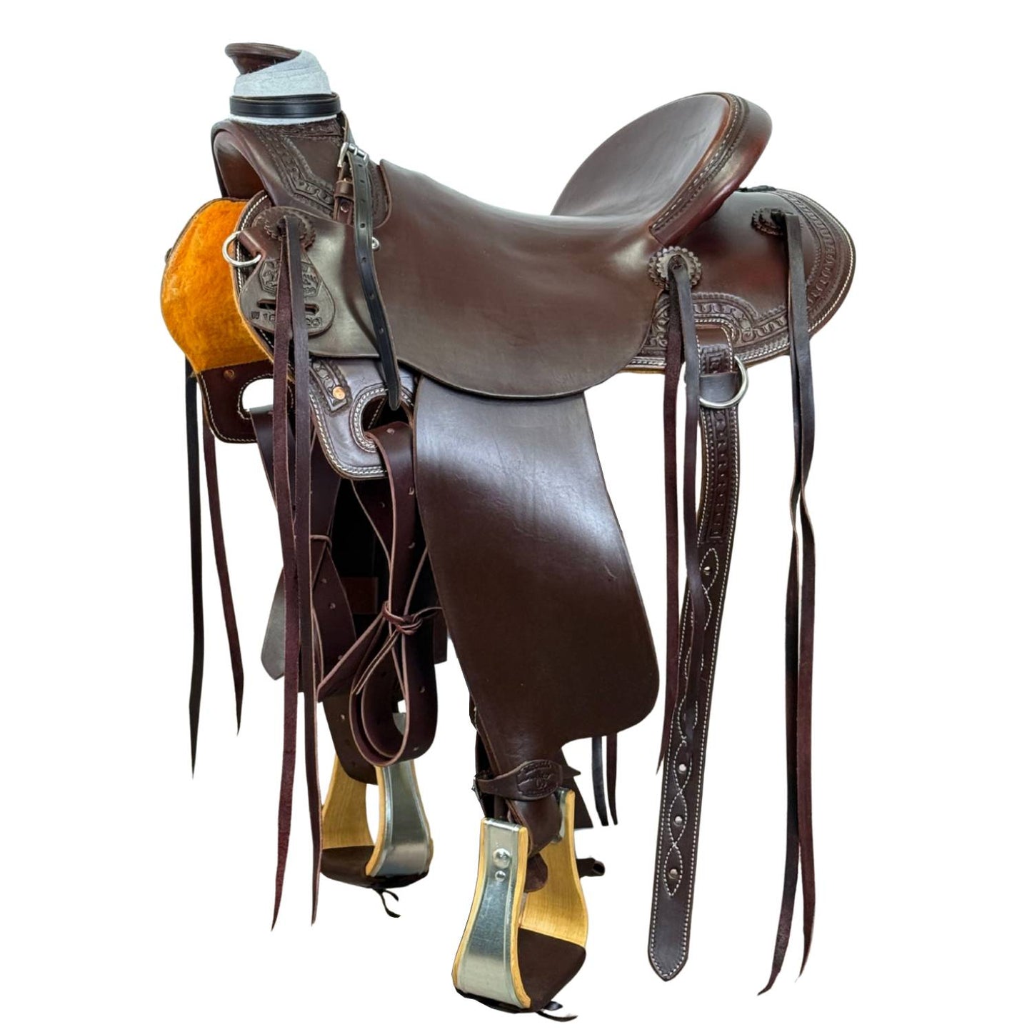 15" McCall McLite Wade Trail Saddle, Light Oil with Carlos Border Tooling, Adjustable In-skirt Rigging