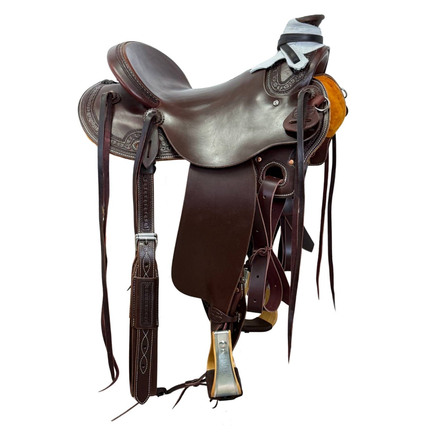 15" McCall McLite Wade Trail Saddle, Light Oil with Carlos Border Tooling, Adjustable In-skirt Rigging
