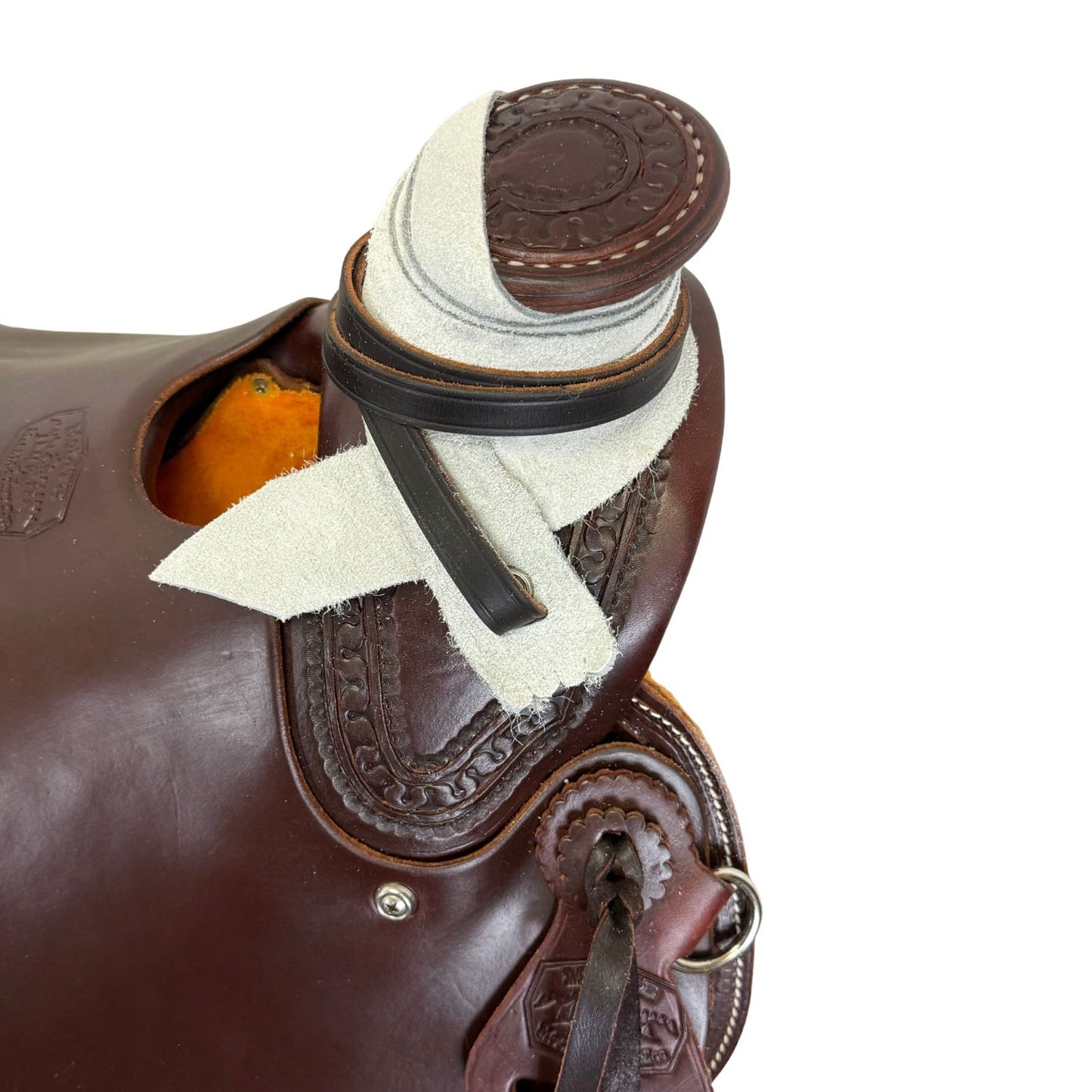 15" McCall McLite Wade Trail Saddle, Light Oil with Carlos Border Tooling, Adjustable In-skirt Rigging