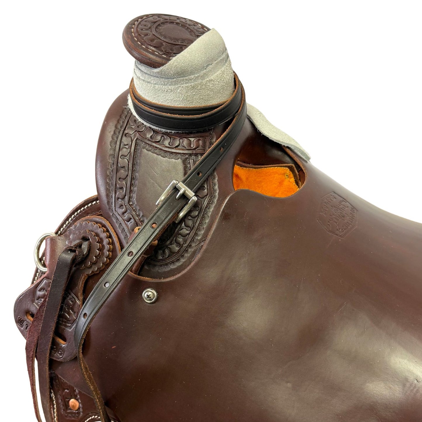 15" McCall McLite Wade Trail Saddle, Light Oil with Carlos Border Tooling, Adjustable In-skirt Rigging