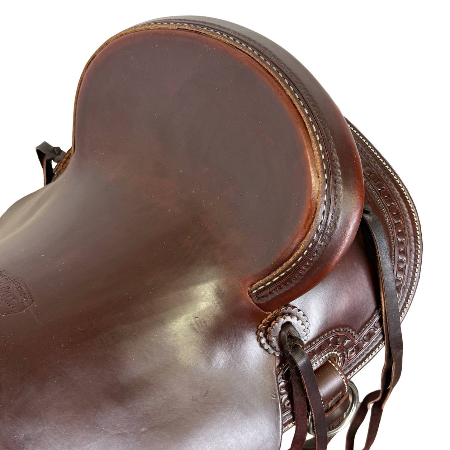 15" McCall McLite Wade Trail Saddle, Light Oil with Carlos Border Tooling, Adjustable In-skirt Rigging