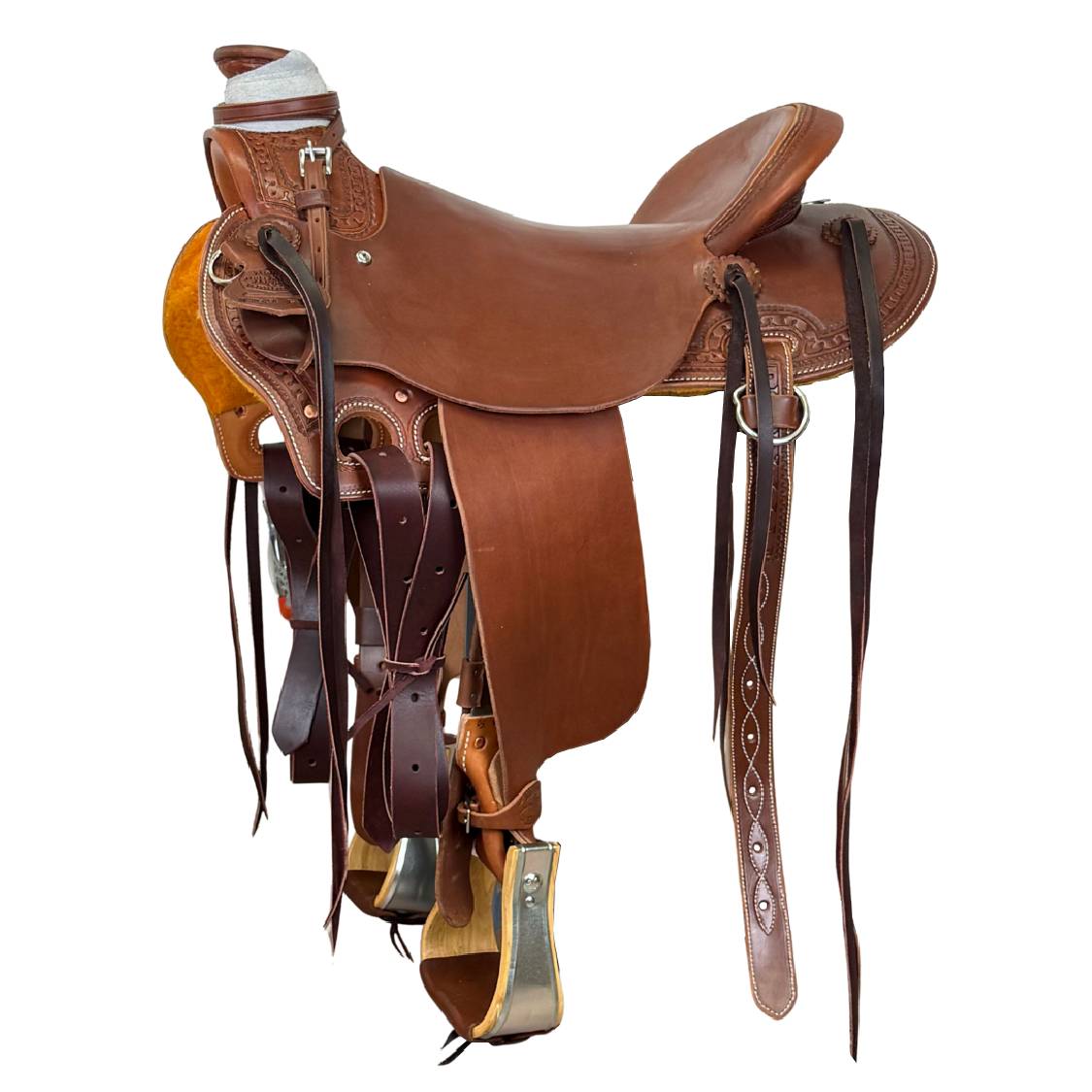 16" McCall McLite Wade Trail Saddle, Heavy Oil with Carlos Border Tooling, Adjustable In-skirt Rigging
