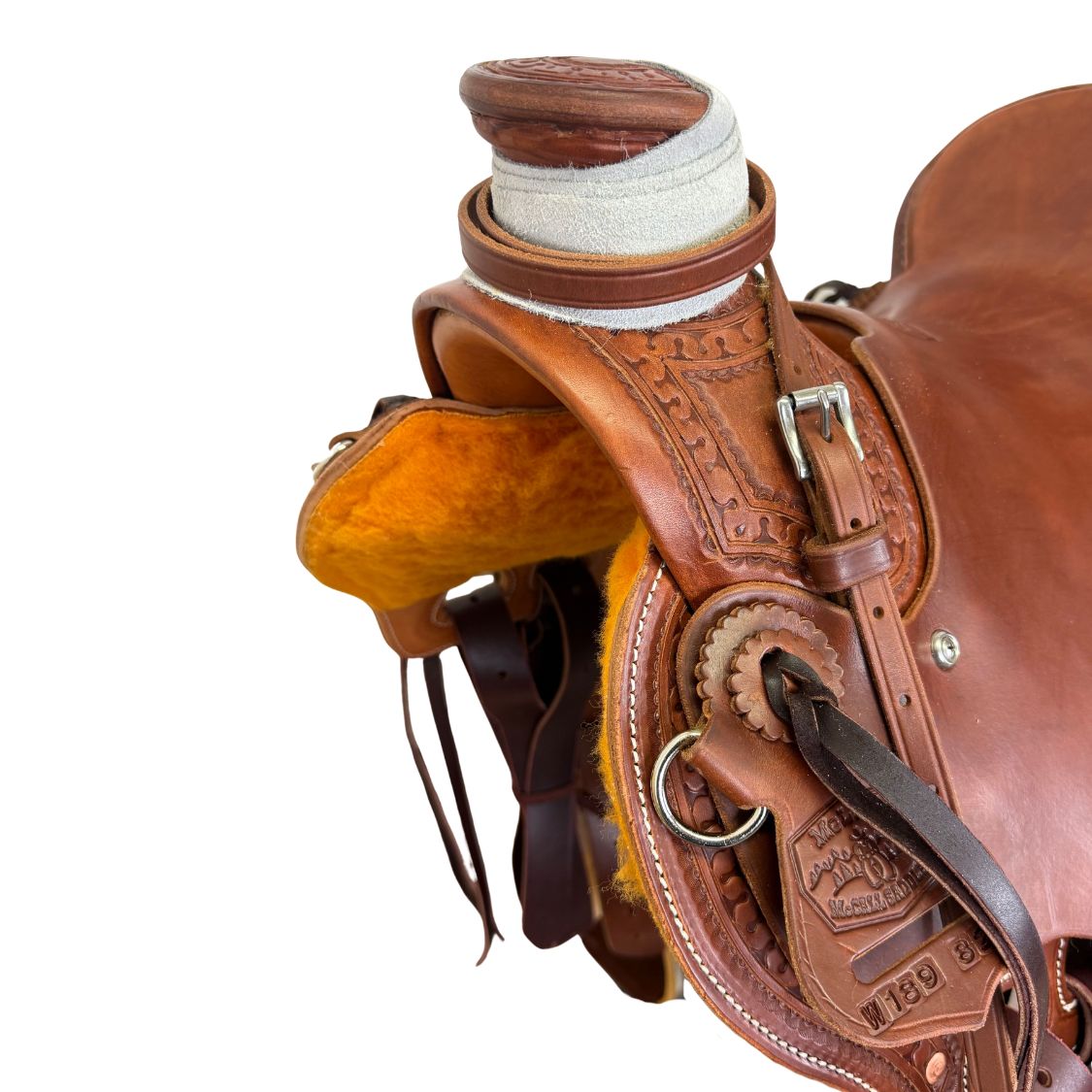 16" McCall McLite Wade Trail Saddle, Heavy Oil with Carlos Border Tooling, Adjustable In-skirt Rigging