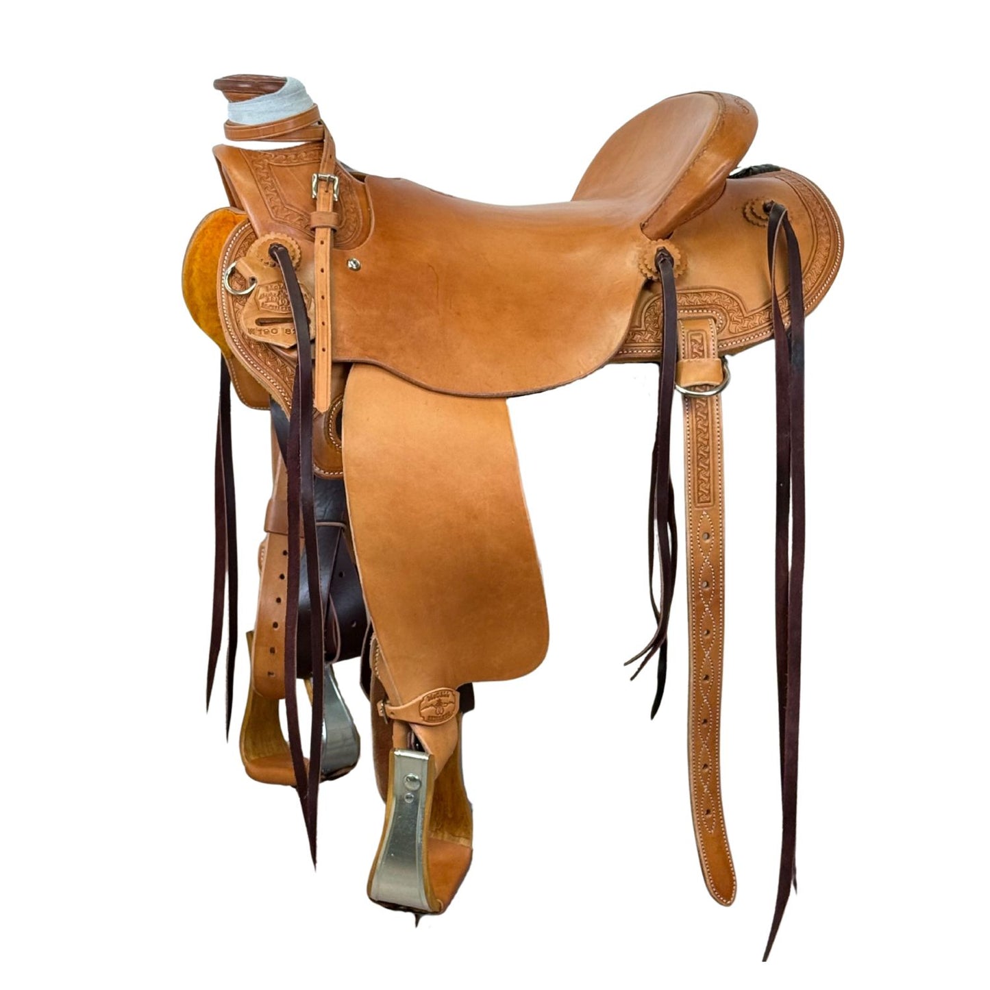 16" McCall McLite Wade Trail Saddle, Medium Oil with Crazy Leg Border Tooling, Adjustable In-skirt Rigging