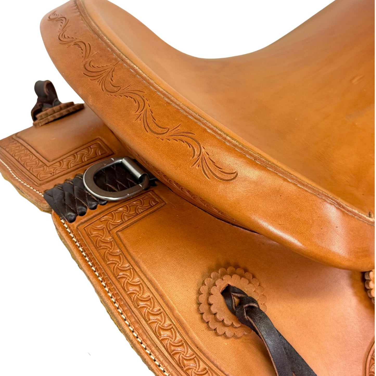 16" McCall McLite Wade Trail Saddle, Medium Oil with Crazy Leg Border Tooling, Adjustable In-skirt Rigging