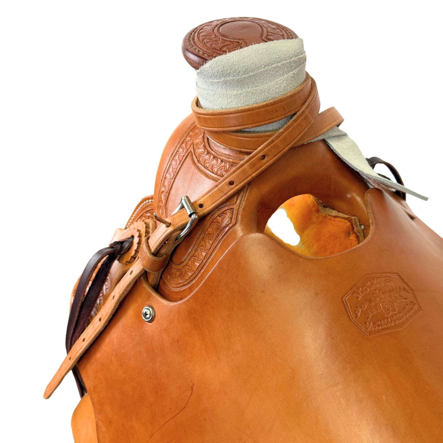 16" McCall McLite Wade Trail Saddle, Medium Oil with Crazy Leg Border Tooling, Adjustable In-skirt Rigging