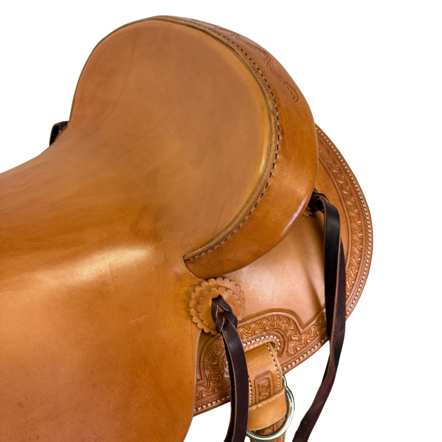 16" McCall McLite Wade Trail Saddle, Medium Oil with Crazy Leg Border Tooling, Adjustable In-skirt Rigging