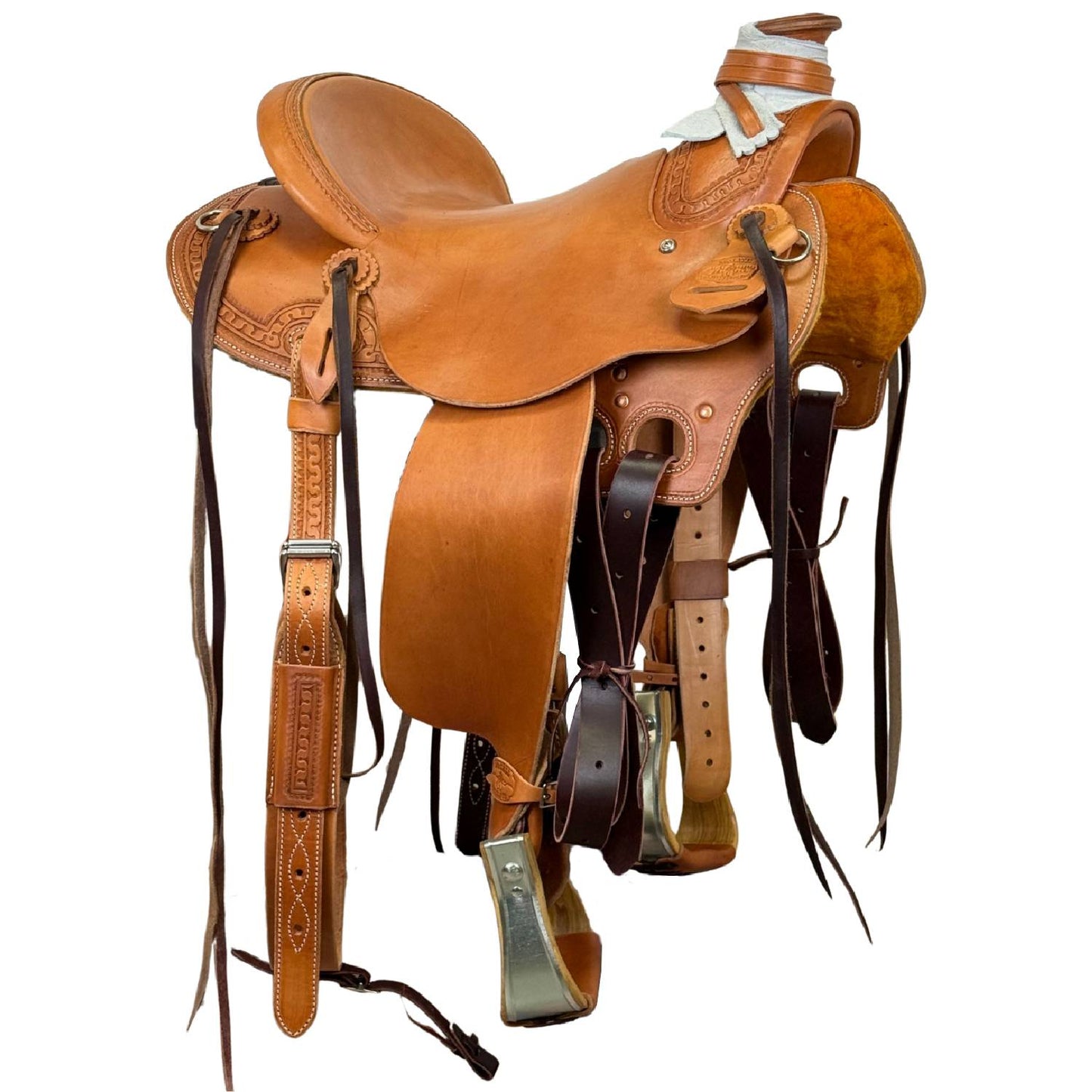 15" McCall McLite Wade Trail Saddle, Medium Oil with Carlos Border Tooling - #W206826