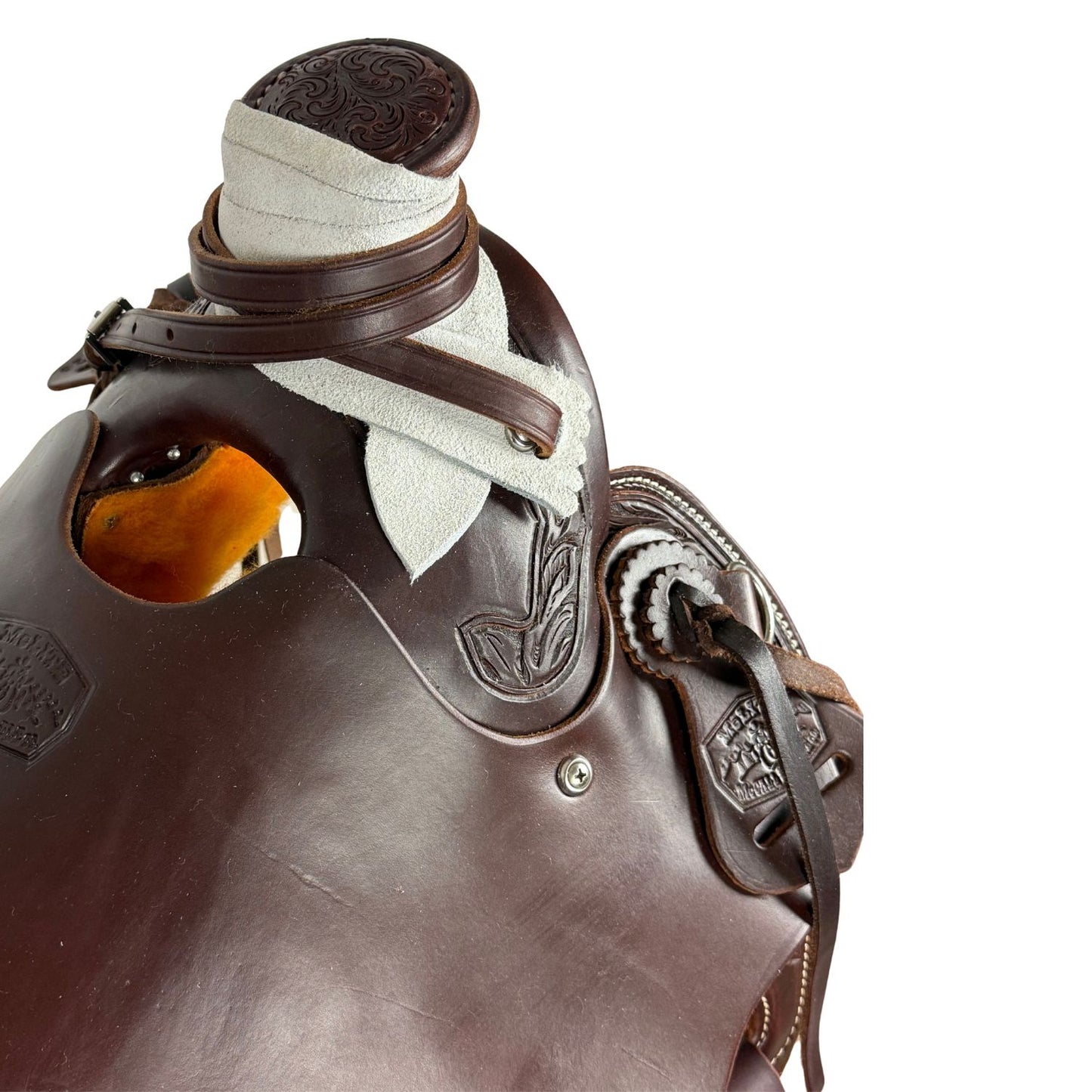 15" McCall McLite Wade Trail Saddle, Dark Oil with Running Leaf Border Tooling - #W207826