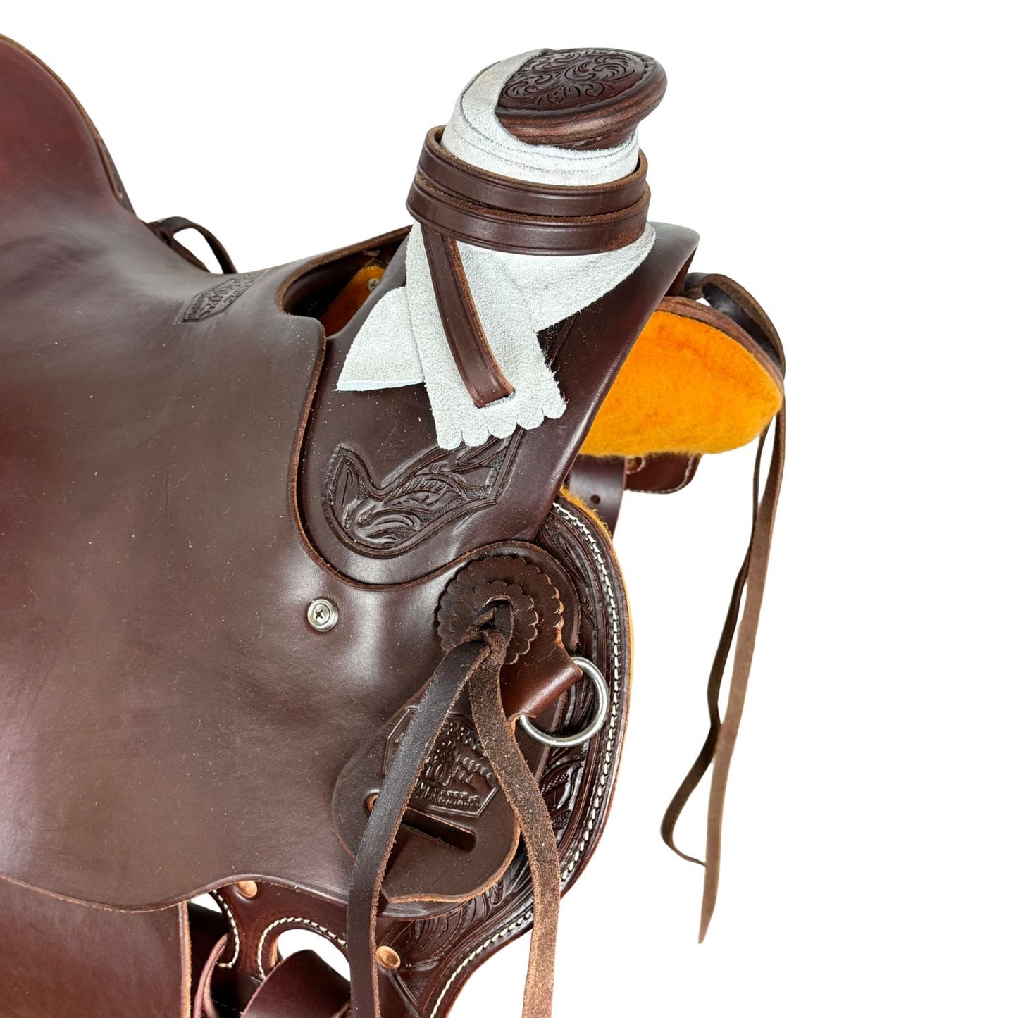 15" McCall McLite Wade Trail Saddle, Dark Oil with Running Leaf Border Tooling - #W207826