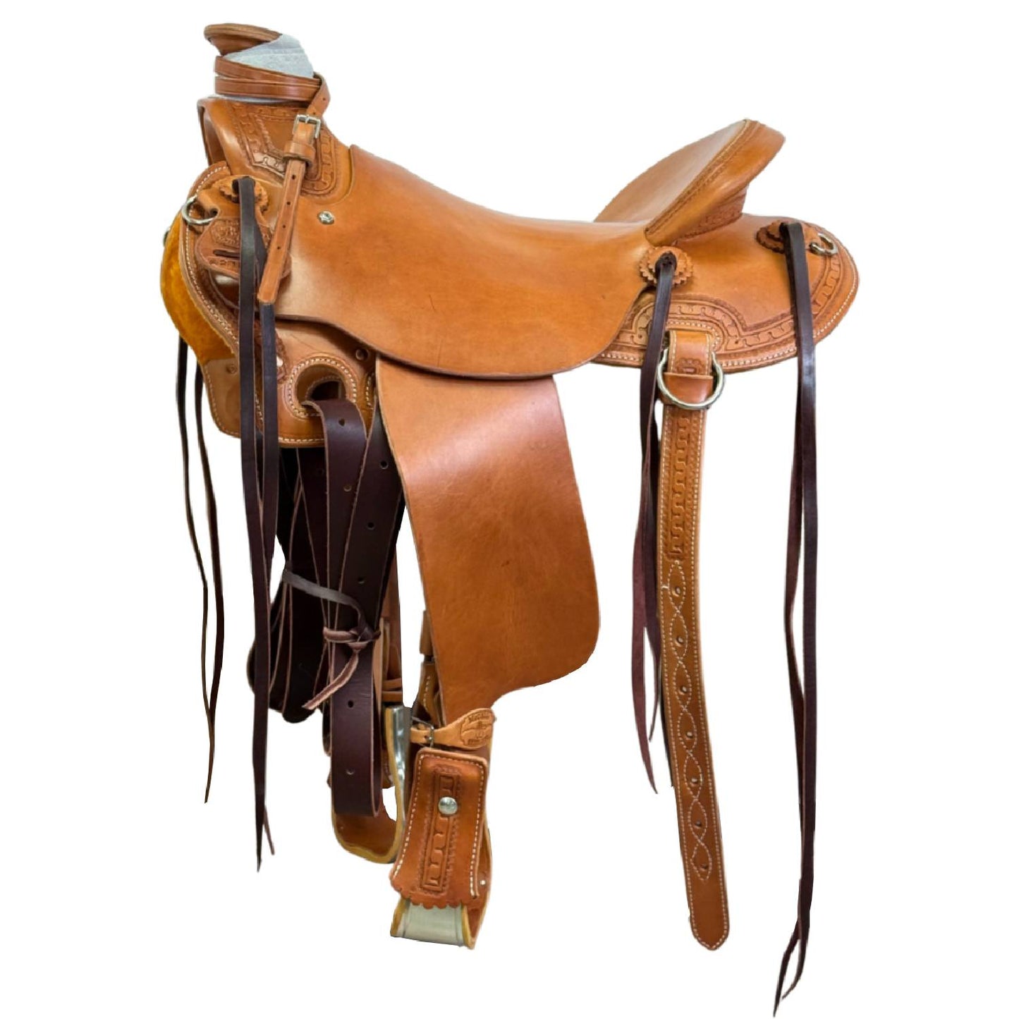 16" McCall McLite Wade Trail Saddle, Medium Oil with Carlos Border Tooling - #W213926
