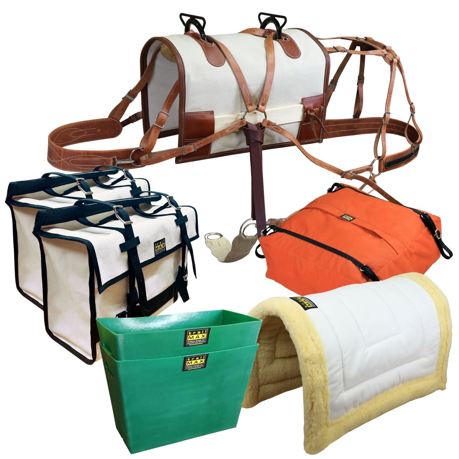 Modified Decker Not-A-Knot Pack Saddle System with essential packing accessories and bags.