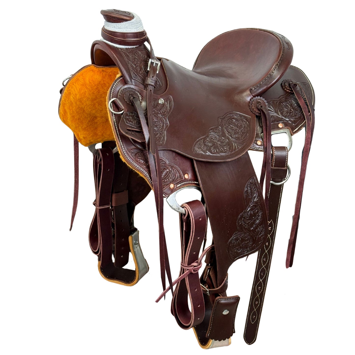 14" McCall McLite Wade Trail Saddle in Dark Oil with Sheridan Floral Tooling