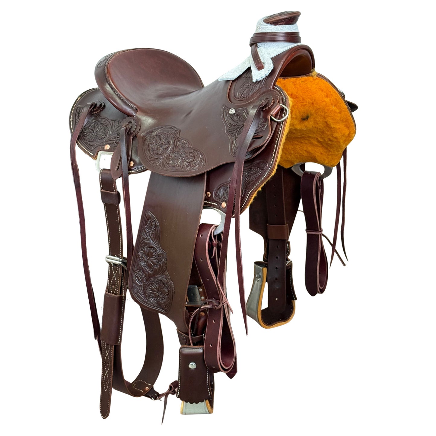 14" McCall McLite Wade Trail Saddle in Dark Oil with Sheridan Floral Tooling