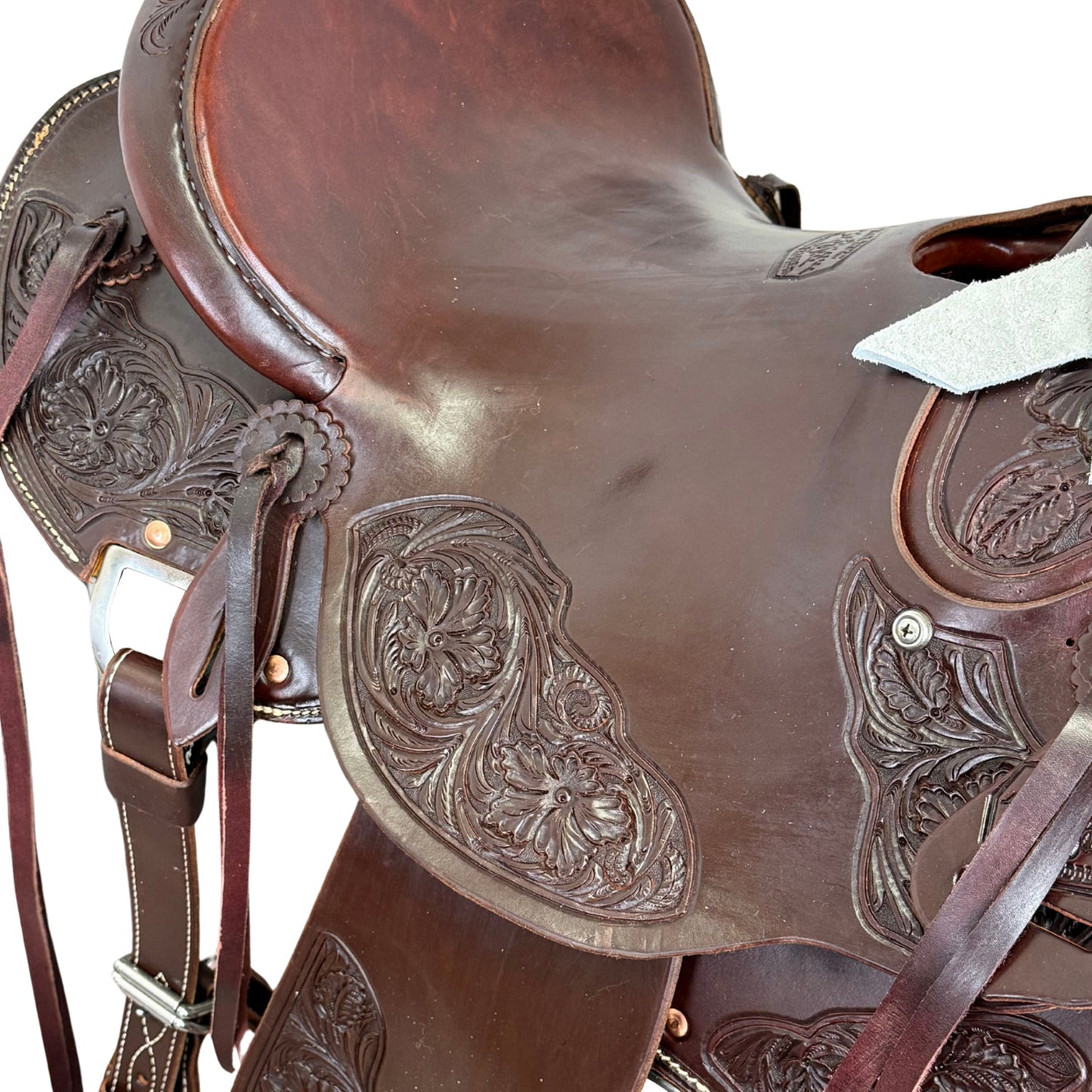 14" McCall McLite Wade Trail Saddle in Dark Oil with Sheridan Floral Tooling