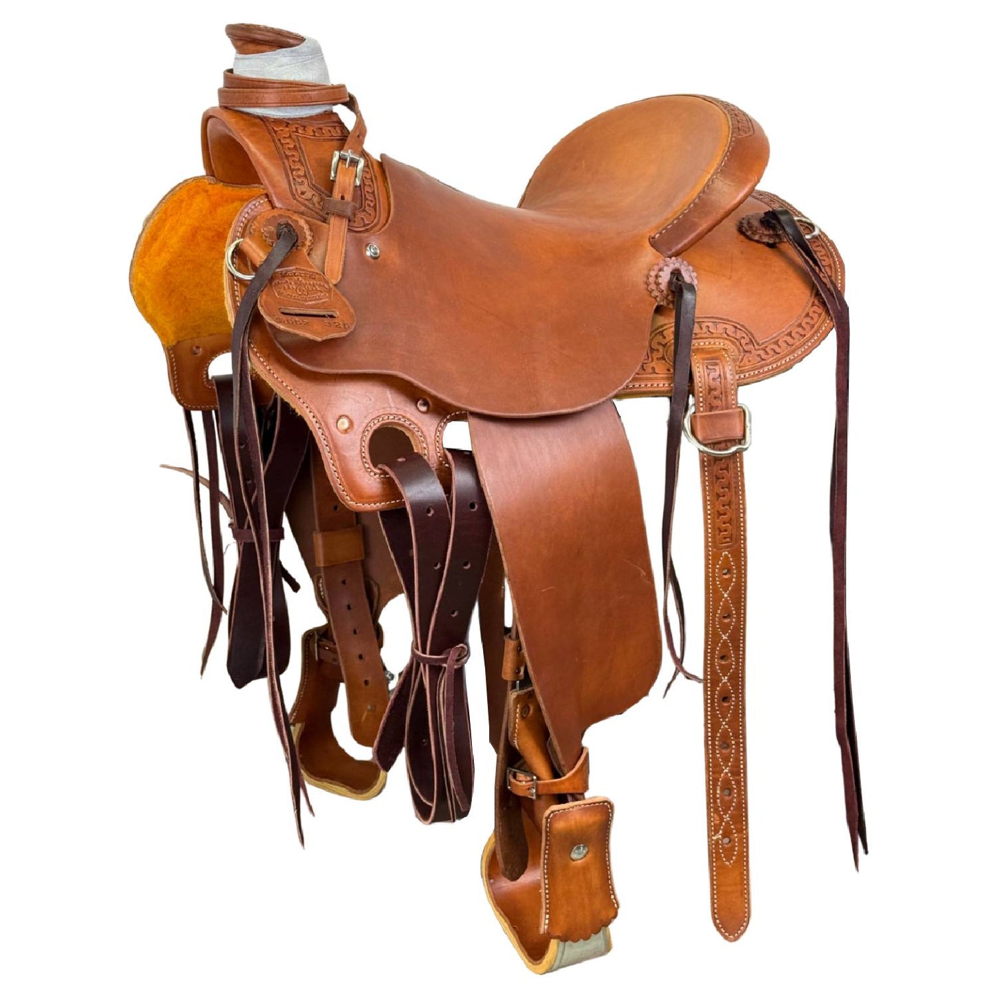 15" McCall McLite Wade Trail Saddle in Medium Oil with Carlos Border Tooling