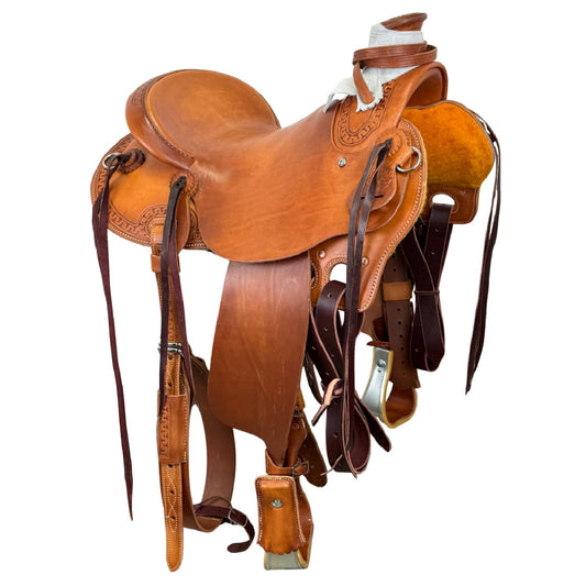 15" McCall McLite Wade Trail Saddle in Medium Oil with Carlos Border Tooling