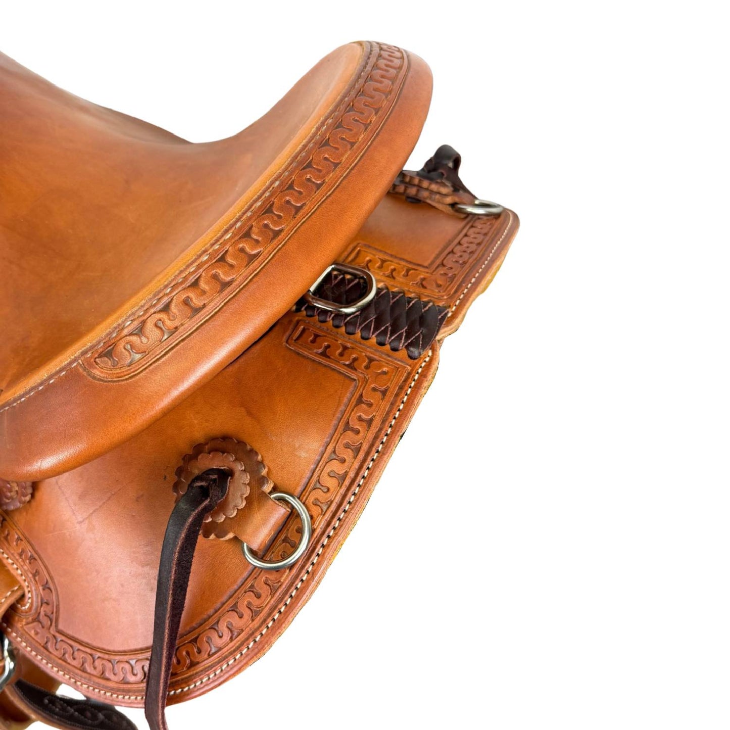 15" McCall McLite Wade Trail Saddle in Medium Oil with Carlos Border Tooling