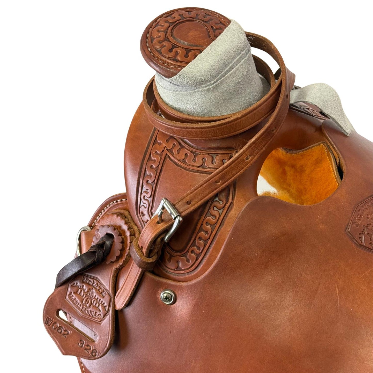 15" McCall McLite Wade Trail Saddle in Medium Oil with Carlos Border Tooling