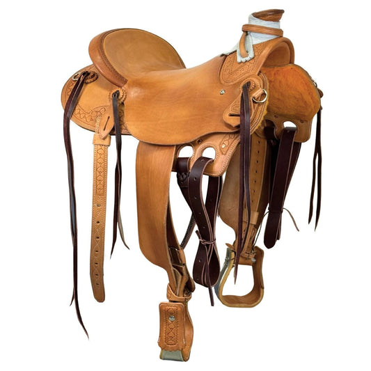 16" McCall McLite Wade Trail Saddle in Light Oil with Shell Border Tooling
