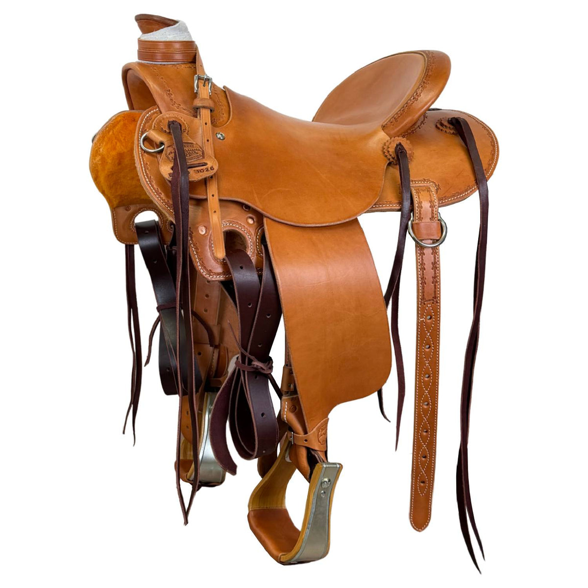 15" McCall McLite Wade Trail Saddle, Medium Oil with Barbwire Border Tooling - #W2401026