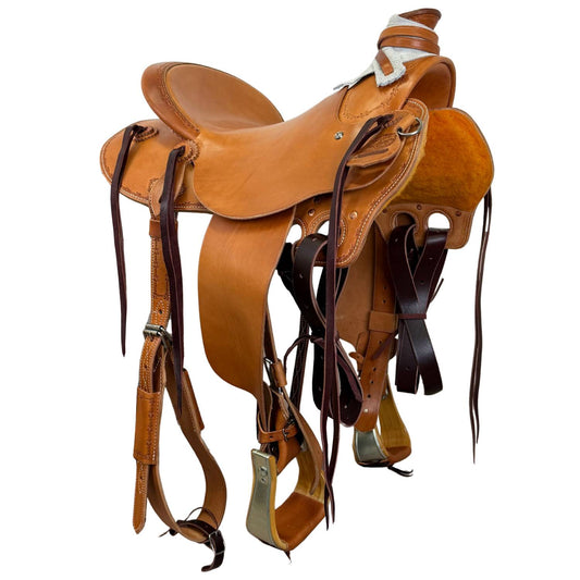 15" McCall McLite Wade Trail Saddle, Medium Oil with Barbwire Border Tooling - #W2401026
