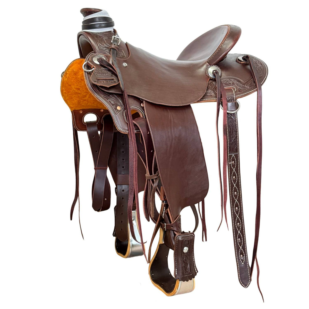 15" McCall McLite Wade Trail Saddle, Dark Oil with Stainless Steel Conchos & Running Leaf Border Tooling - #W2571126