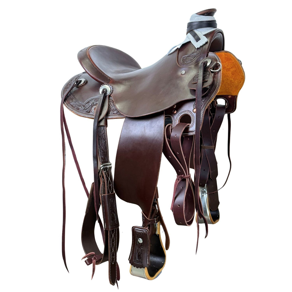 15" McCall McLite Wade Trail Saddle, Dark Oil with Stainless Steel Conchos & Running Leaf Border Tooling - #W2571126
