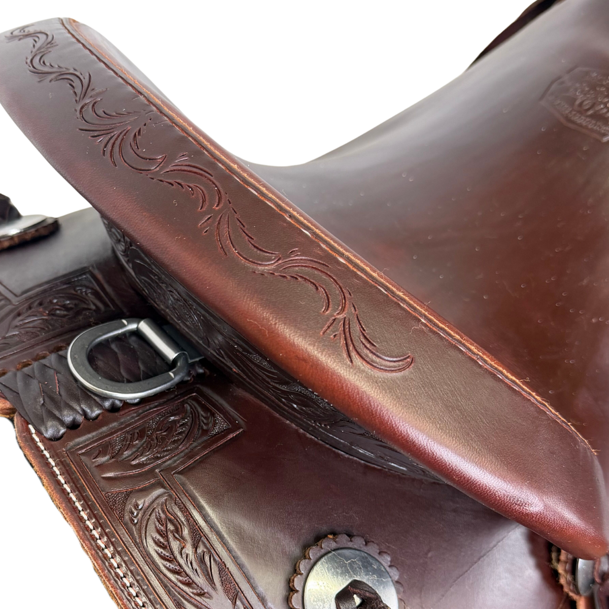 15" McCall McLite Wade Trail Saddle, Dark Oil with Stainless Steel Conchos & Running Leaf Border Tooling - #W2571126