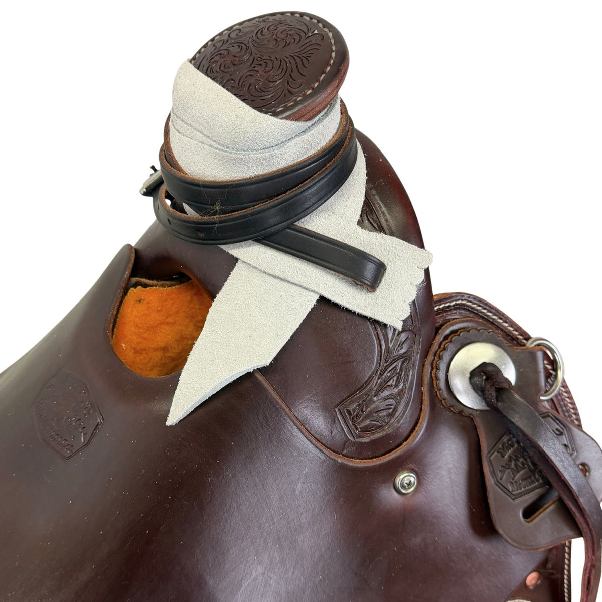 15" McCall McLite Wade Trail Saddle, Dark Oil with Stainless Steel Conchos & Running Leaf Border Tooling - #W2571126