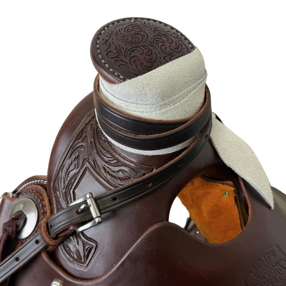 15" McCall McLite Wade Trail Saddle, Dark Oil with Stainless Steel Conchos & Running Leaf Border Tooling - #W2571126