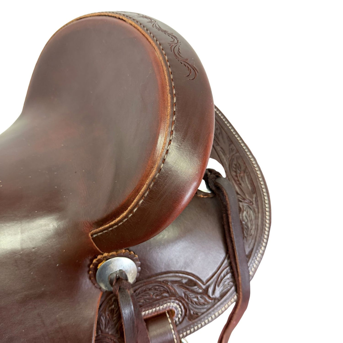 15" McCall McLite Wade Trail Saddle, Dark Oil with Stainless Steel Conchos & Running Leaf Border Tooling - #W2571126