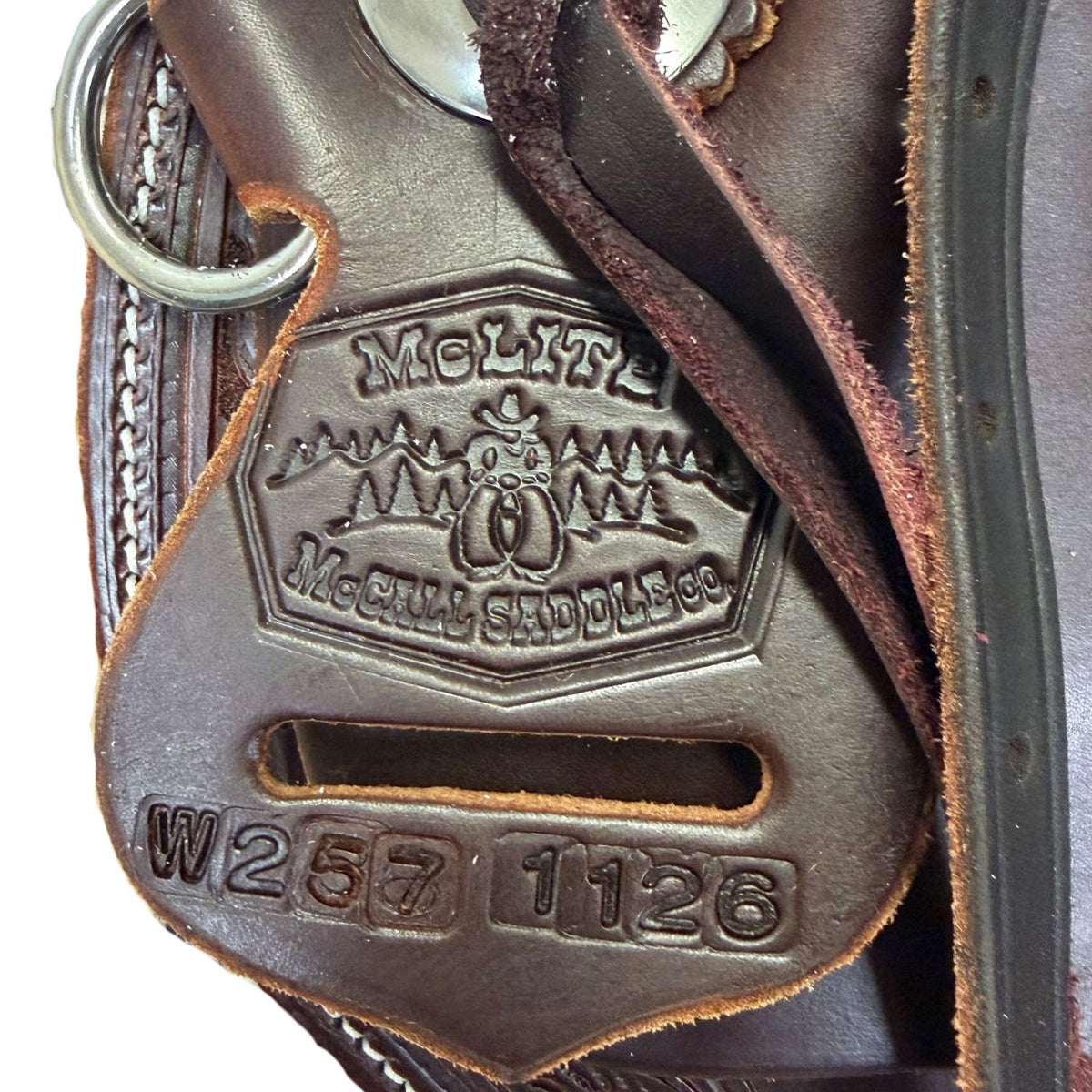 15" McCall McLite Wade Trail Saddle, Dark Oil with Stainless Steel Conchos & Running Leaf Border Tooling - #W2571126