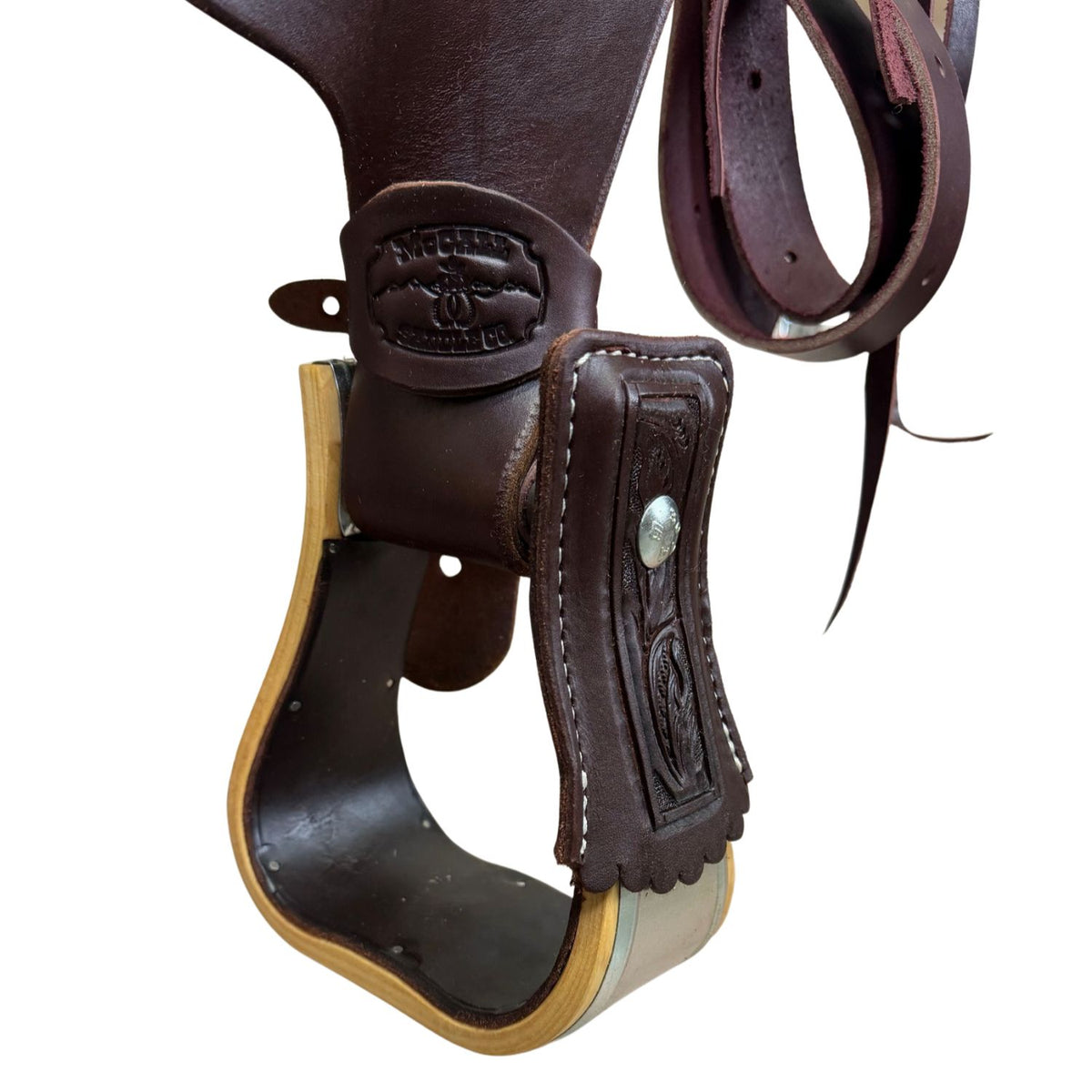 15" McCall McLite Wade Trail Saddle, Dark Oil with Stainless Steel Conchos & Running Leaf Border Tooling - #W2571126
