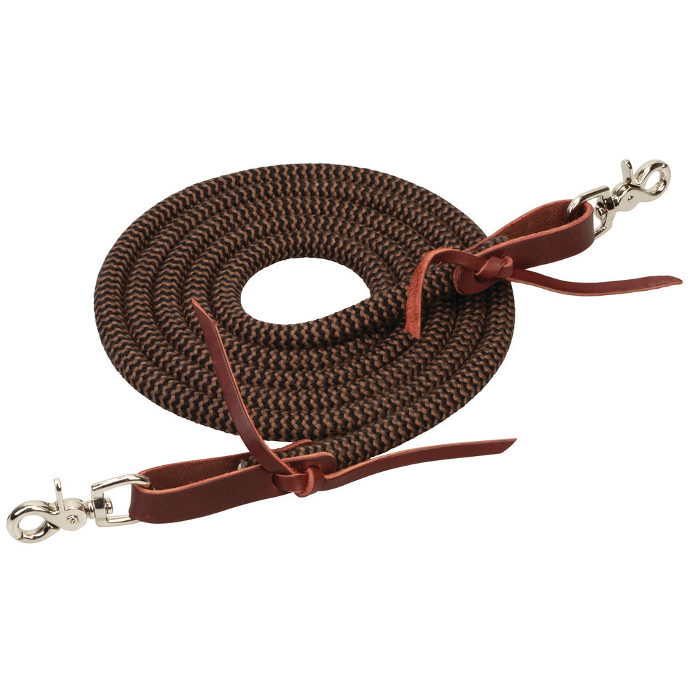 Brown and tan bamboo round trail reins with snap ends