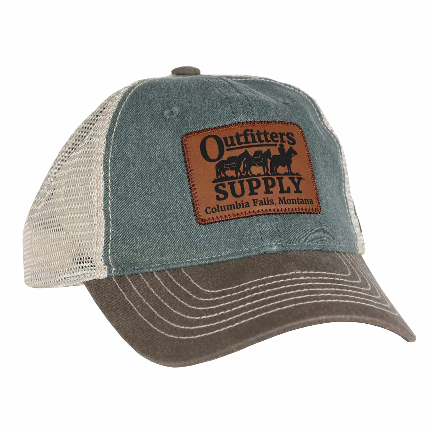 A blue and brown unstructured low profile cap with a mesh back and a leather Outfitters Supply logo patch on the front.