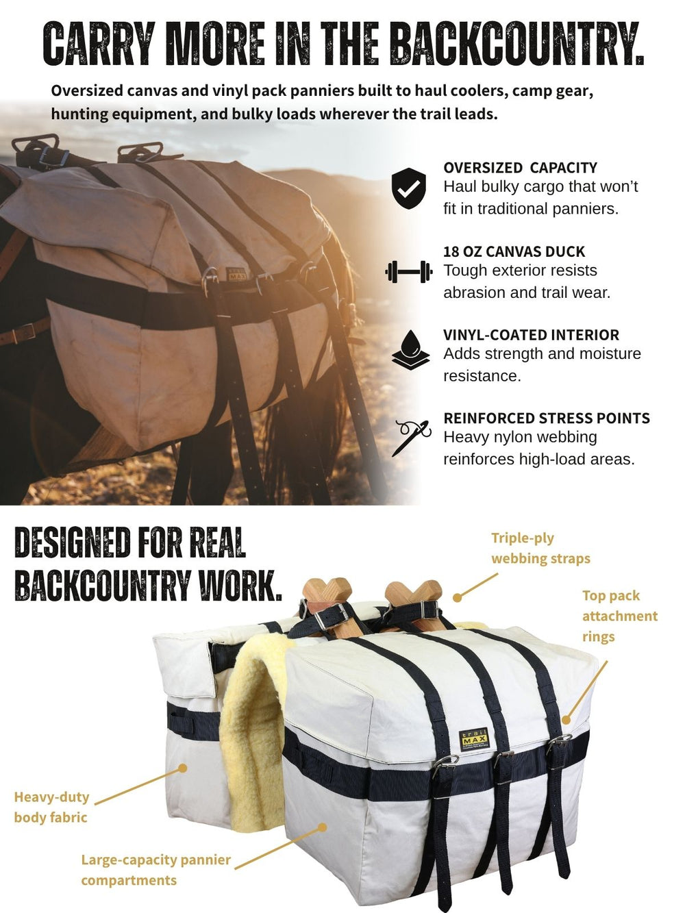 Oversized canvas and vinyl pack panniers, built to haul coolers, camp gear, hunting equipment and bulky loads on the trail.