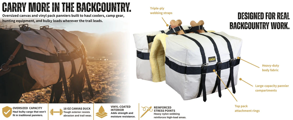 Oversized canvas and vinyl pack panniers, built to haul coolers, camp gear, hunting equipment and bulky loads on the trail.
